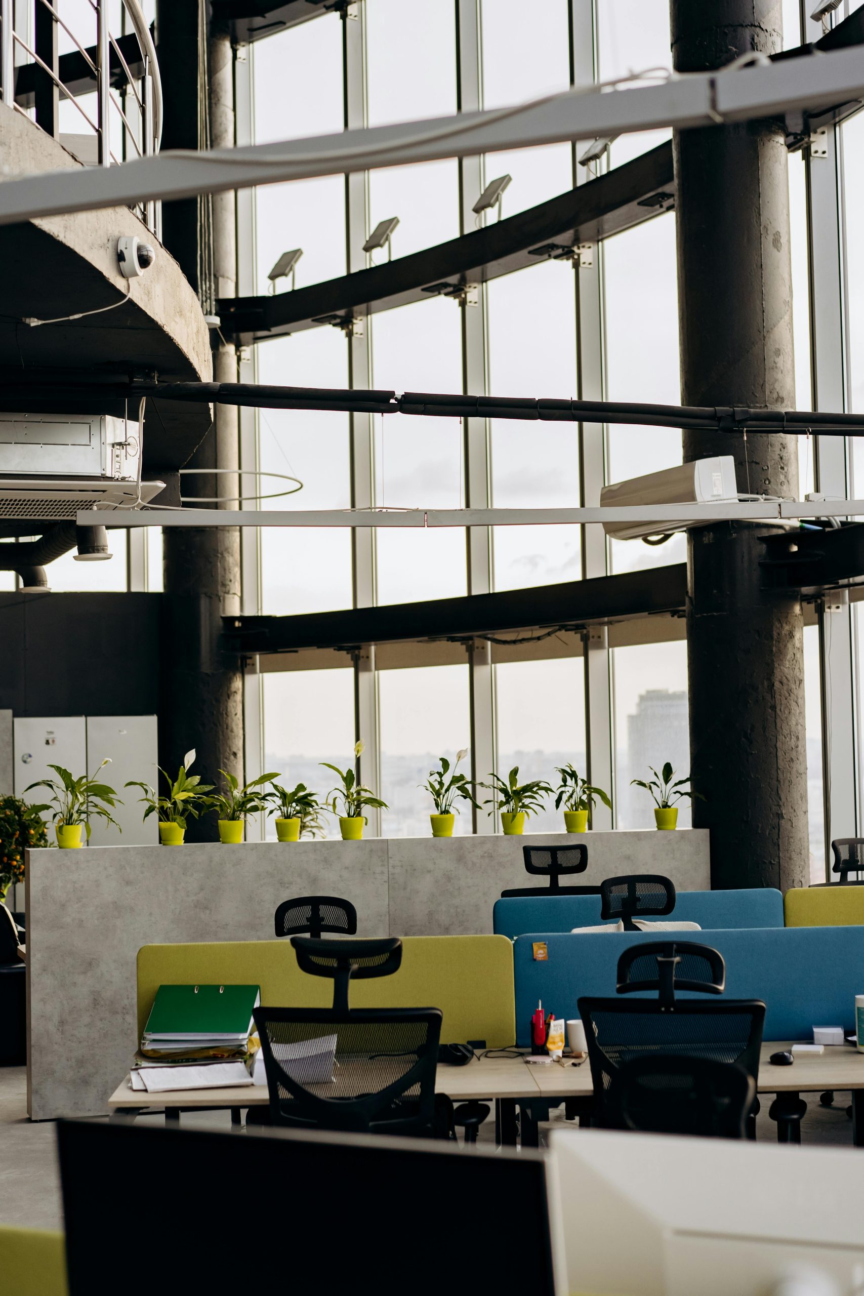 Stylish contemporary office interior with plants and large windows.